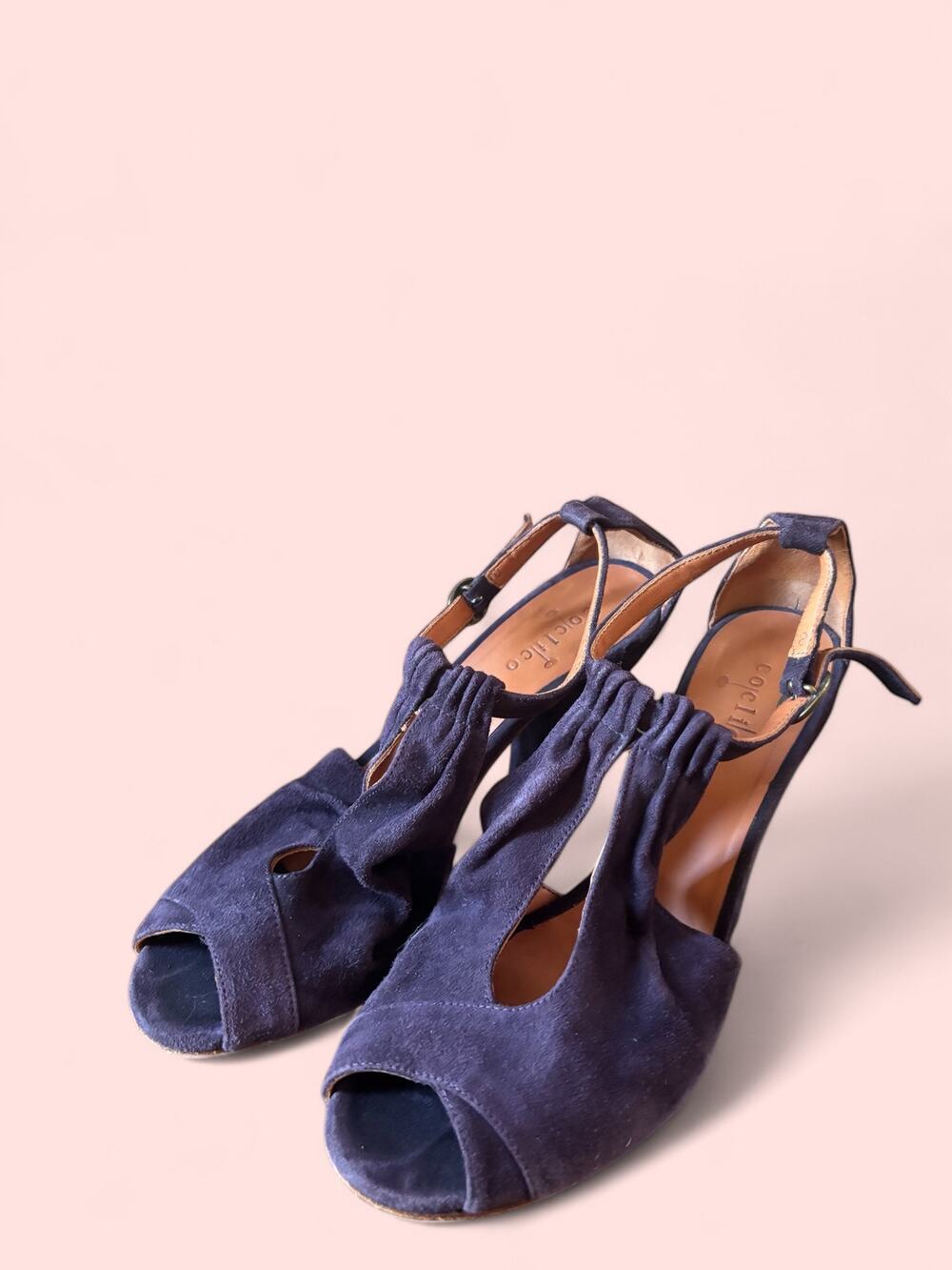 Coclico Purple Suede Ruched T-Strap Peep Toe Cone Heel Size 38.5 Made in Spain